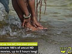 Giggles feet splash wet at the beach with black long hair natural tits and barefoot fetish close up!