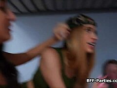 these army chicks in uniforms grabbed a big cock for a hardcore foursome blowjob session at the barracks, sharing every rough moment.