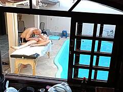 Her poolside massage turns into surprising outdoor handjob and blowjob on desk