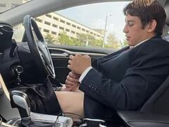 uhh, i'm just stroking my huge dick in the car... feels so good, ya know?