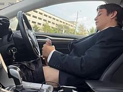 uhh, i'm just stroking my huge dick in the car... feels so good, ya know?