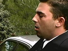 Whoa, Monica Sweetheart is blowing her guy outside on the car in fishnets and lingerie! 😈