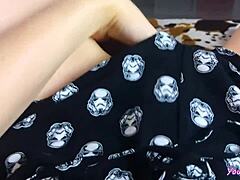 the beauty watches porn and caresses herself through pajamas in juicy pov masturbation