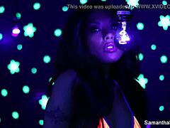 Samantha Saint blonde big tits lesbian action with black pussy oral