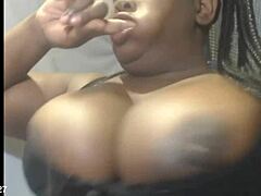 Deepthroat action and bouncing tits with cute Brazilian ebony teen using huge dildo