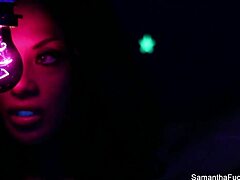 Samantha Saint blonde big tits lesbian action with black pussy oral