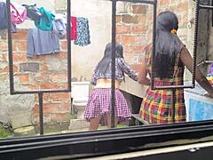 Housewives turn into hot sluts making homemade porn after laundry