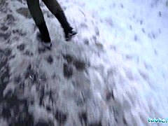 Blue eyed brunette babe says Suck this fat big dick out in the snow now