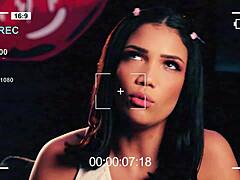 A novinha from Brazil teases with her big ass and shaved pussy, leading to hot lesbian toy play in California