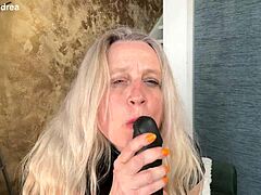 horny milf in latex corset fists her prolapse with mega dildo for double vaginal pleasure