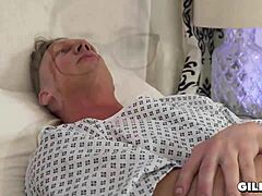 Gilf nurse takes a creampie in the hospital office while handling her mature patient duties.