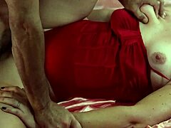 French amateur enjoys clothed sex in red satin bra and thong panties with stockings and heels. She gets rimming, deepthroat, and pussy fuck ending in cumshot.