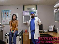 Ready for your Tampa University entrance physical, Zombae? Spread those shaved pussy lips wide in leggings and gloves.