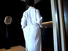 Hotel room ravages hot Asian coworker bent over bed