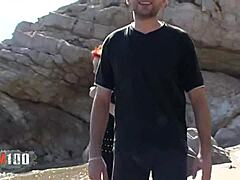 Skinny French teen Mahylis deepthroats and fucks Alex on beach close up