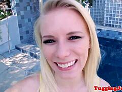 wanna watch this cute teen tug suck cock outdoors closeup?