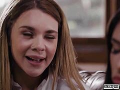 Petite cheerleader tries first lesbian sex with busty tattooed student