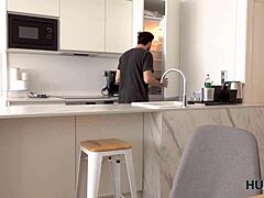 Hunter pays to fuck friend's tanned milf on desk while he watches her shaved pussy get licked!