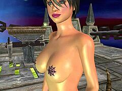 3D Tattooed Girl Rubs Pussy On Temple Stone