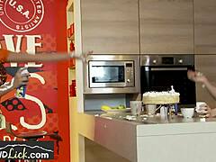 lesbians wrestle with food before muff diving