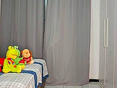 daddy hides behind curtain to spy on curvy brazilian stepsis stripping panties off