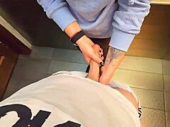 stranger CUMSHOT fills my pantyhose in restaurant toilet