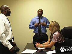 Horny Secretary Nikki Sexx Drains Two Black Monster Cocks!