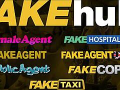 I blew my load in a massive facial on brunette's stockings in fake taxi