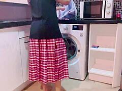 POV skinny Asian schoolgirl washing wet uniform after homemade sex