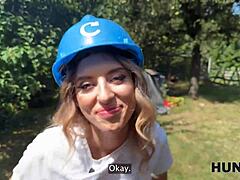 Sneaky fanta sie cheats with old hunter's cock outdoors for her salary while cuckold watches.